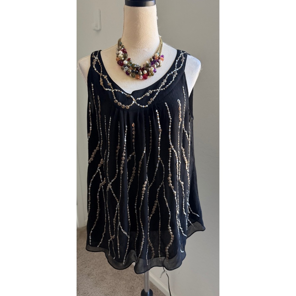 Avenue Sequin Tank Top Womens 18/20 Black Excellent‎ Gold Silver Beaded Chiffon